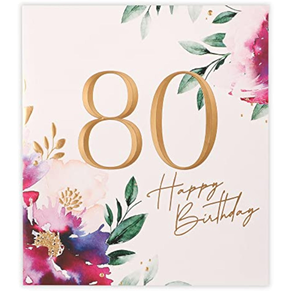 UK Greetings floral 80th birthday greeting card with colorful flower design, perfect for celebrating milestone birthdays.