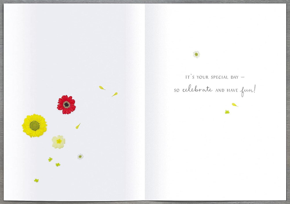 UK Greetings floral cake design birthday wishes card with colorful meadow flowers and cheerful message, perfect for celebrating.