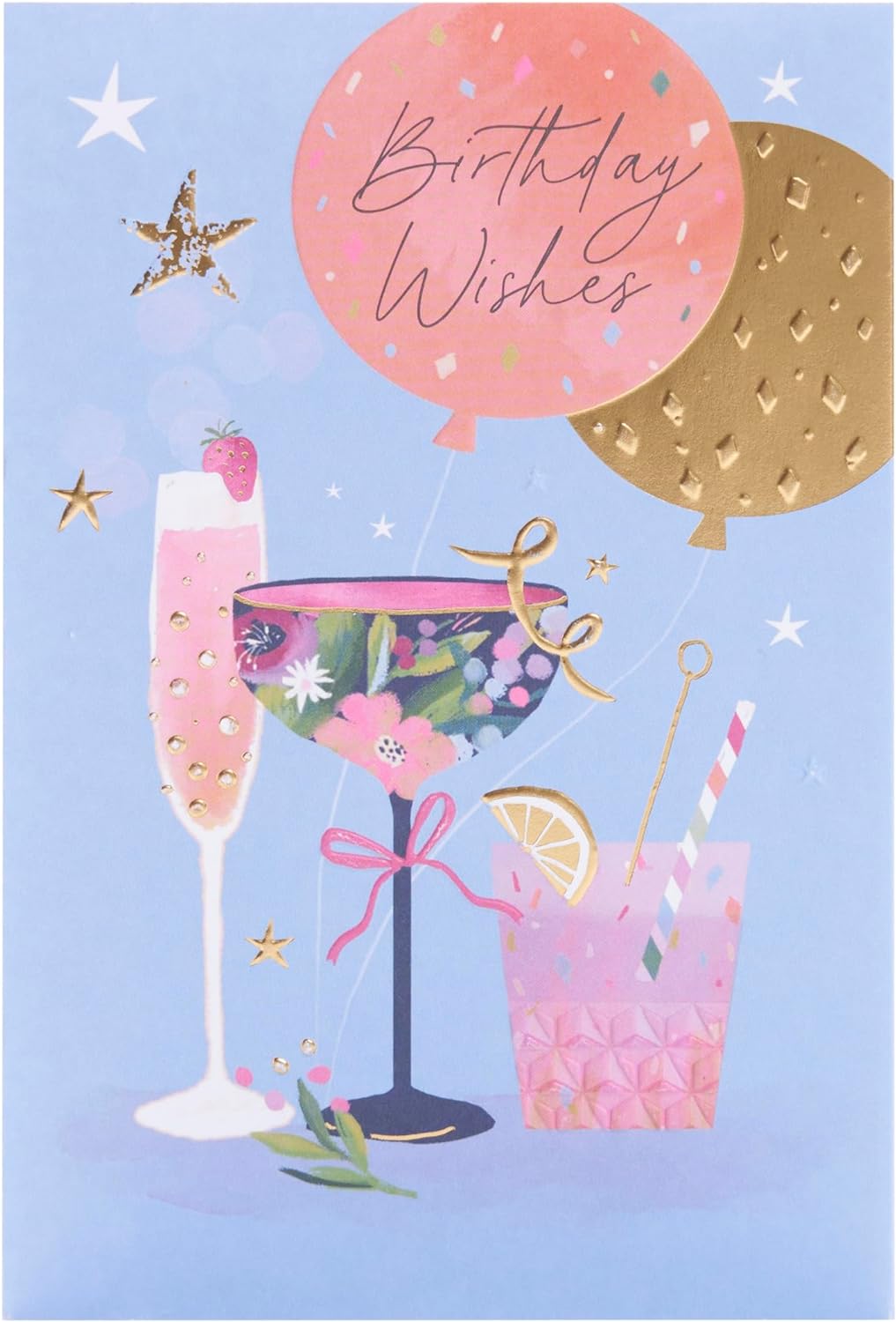 UK Greetings floral cocktail birthday card featuring colorful floral and cocktail illustrations on a greeting card design.