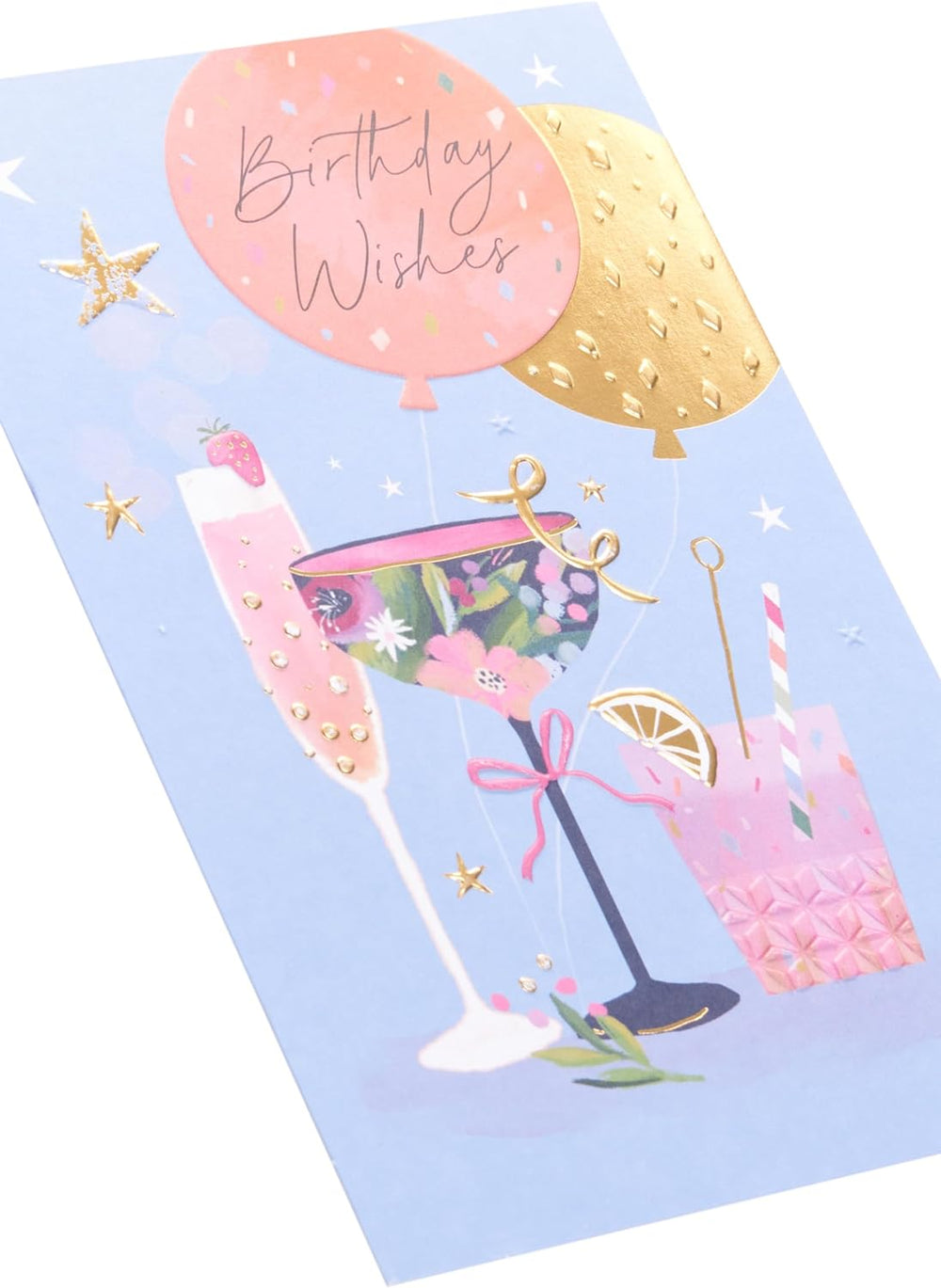 UK Greetings floral cocktail design birthday card featuring colorful floral patterns on the front, perfect for celebrating birthdays.