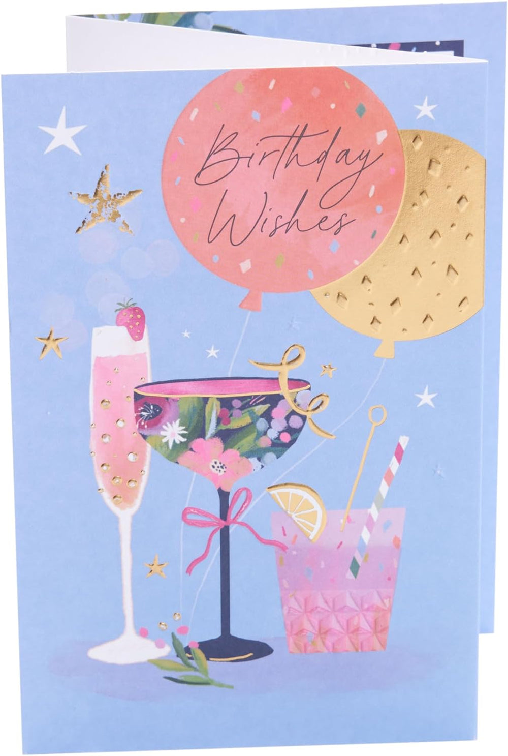 UK Greetings floral cocktail design birthday greeting card featuring colorful floral and cocktail illustrations.