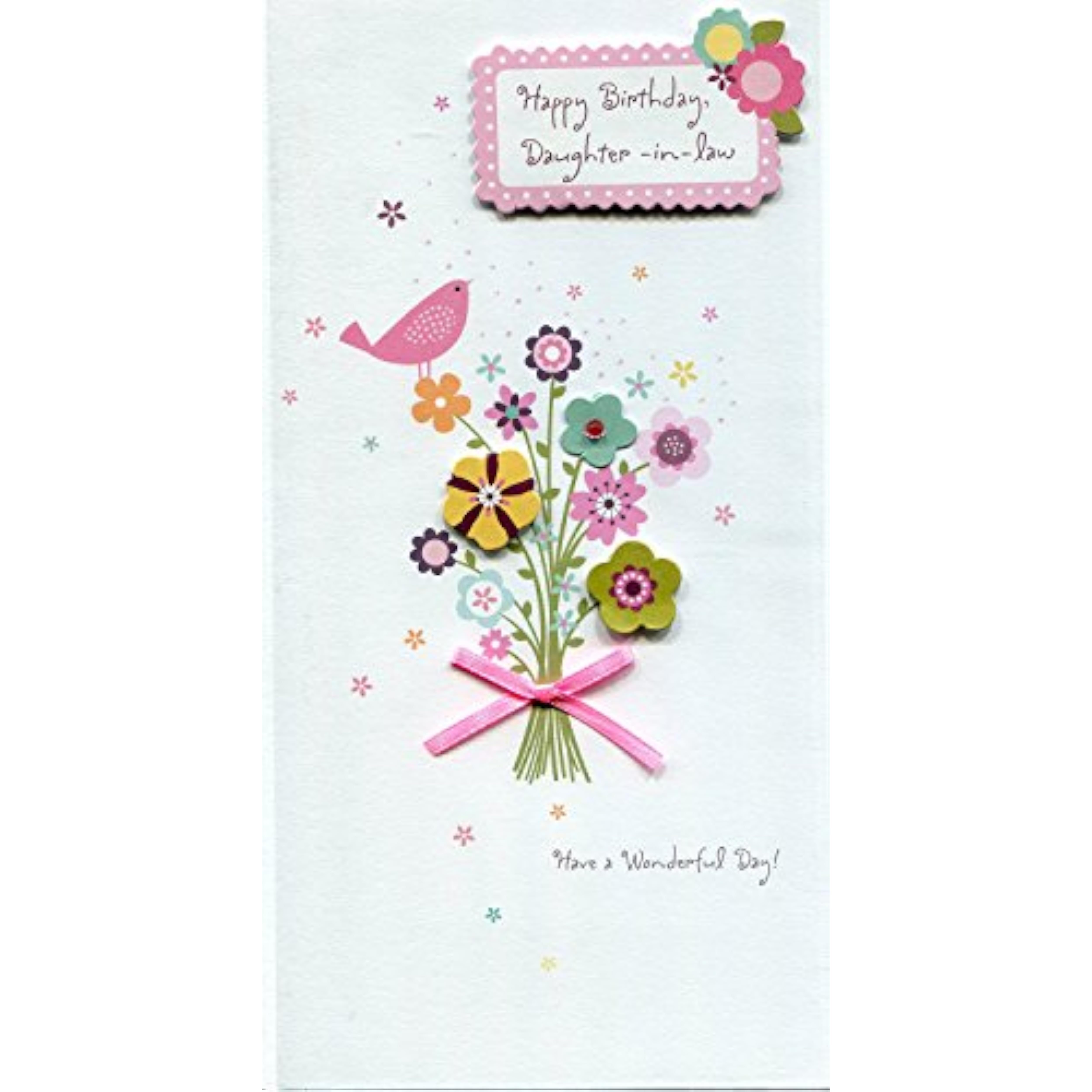 UK Greetings floral birthday card for daughter-in-law, with colorful floral design and heartfelt message inside.