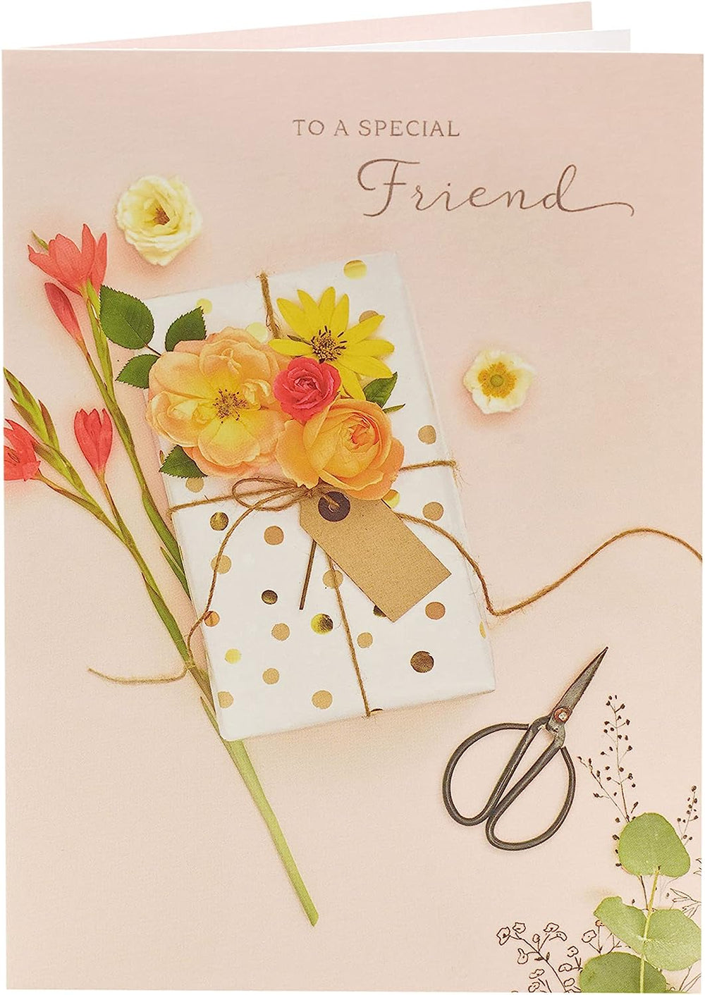 UK Greetings floral birthday card for a special friend, featuring colorful floral design and heartfelt message inside.
