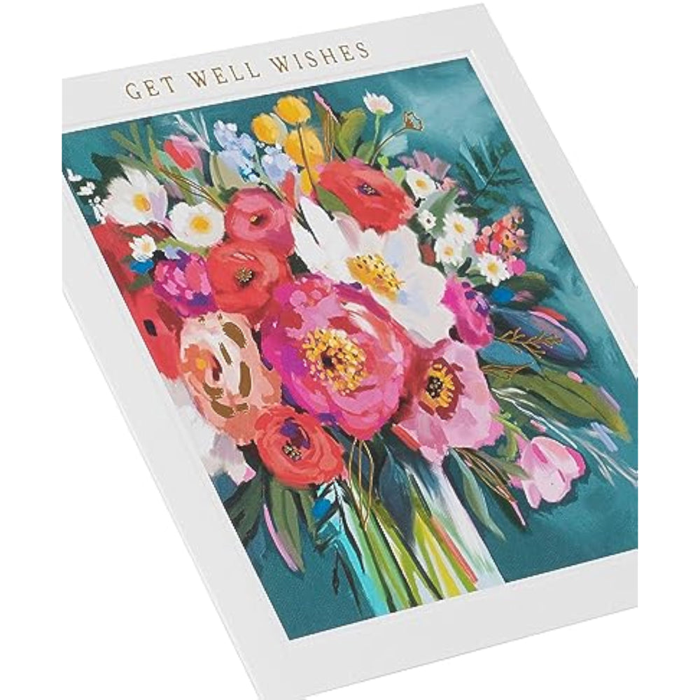 UK Greetings floral painted get well soon greeting card featuring colorful flower illustrations on the front.