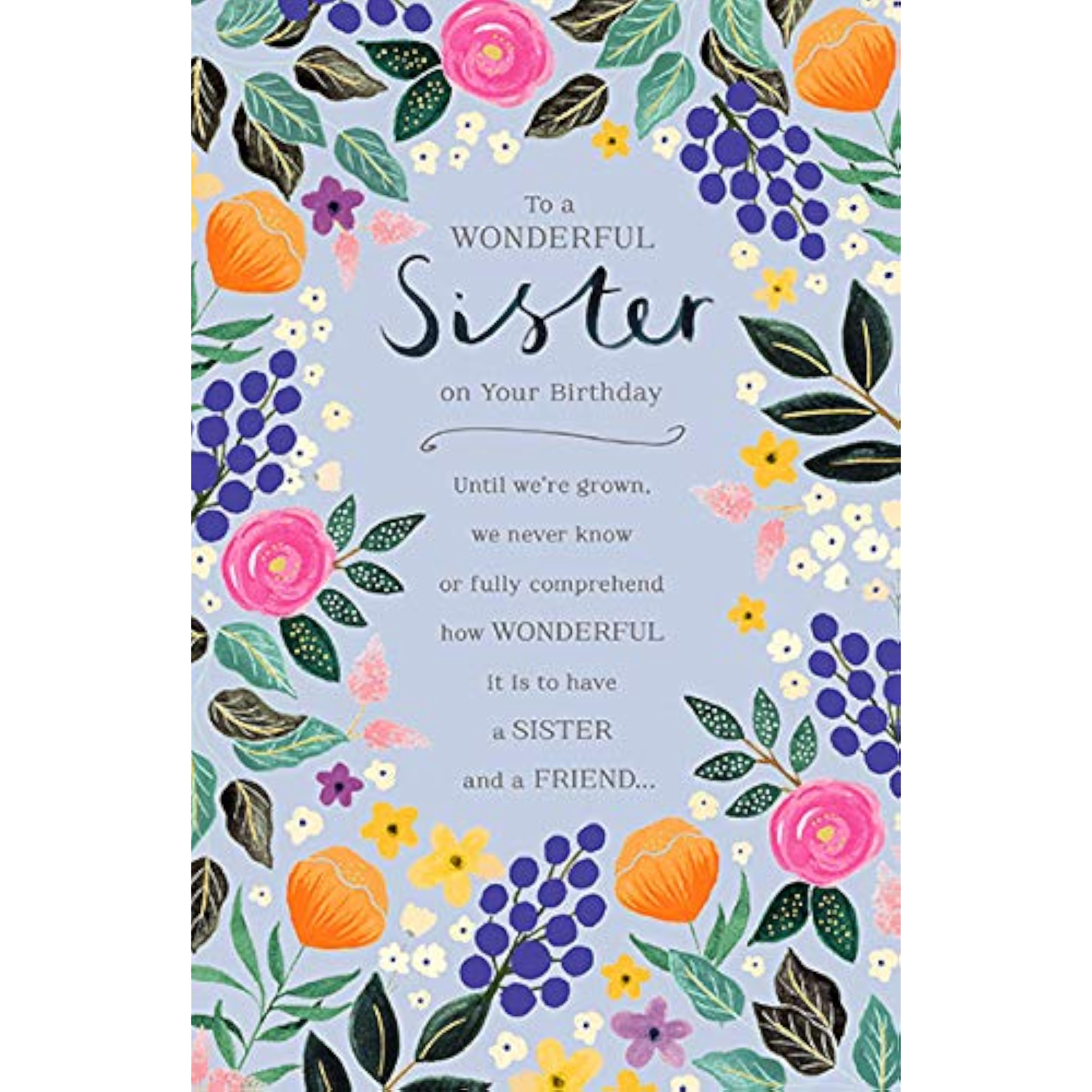 UK Greetings floral sister birthday card featuring colorful flower designs and heartfelt message for special occasions.