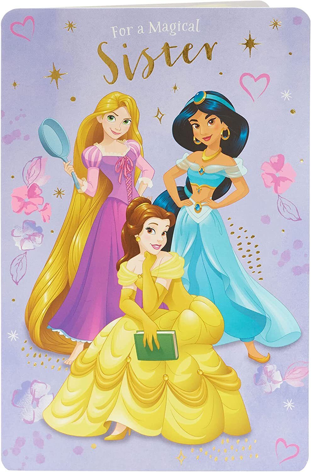 UK Greetings Disney Princess birthday card for sister featuring colorful princess images and magical birthday wishes.