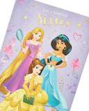 Disney Princess birthday card by UK Greetings featuring magical sister theme with colorful princess illustrations.