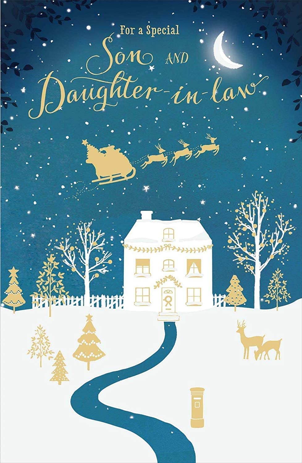 UK Greetings Christmas card for son and daughter-in-law with gold foil design, featuring festive holiday imagery.