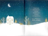 UK Greetings Christmas card for a son and daughter-in-law with gold foiled design, featuring festive holiday imagery.