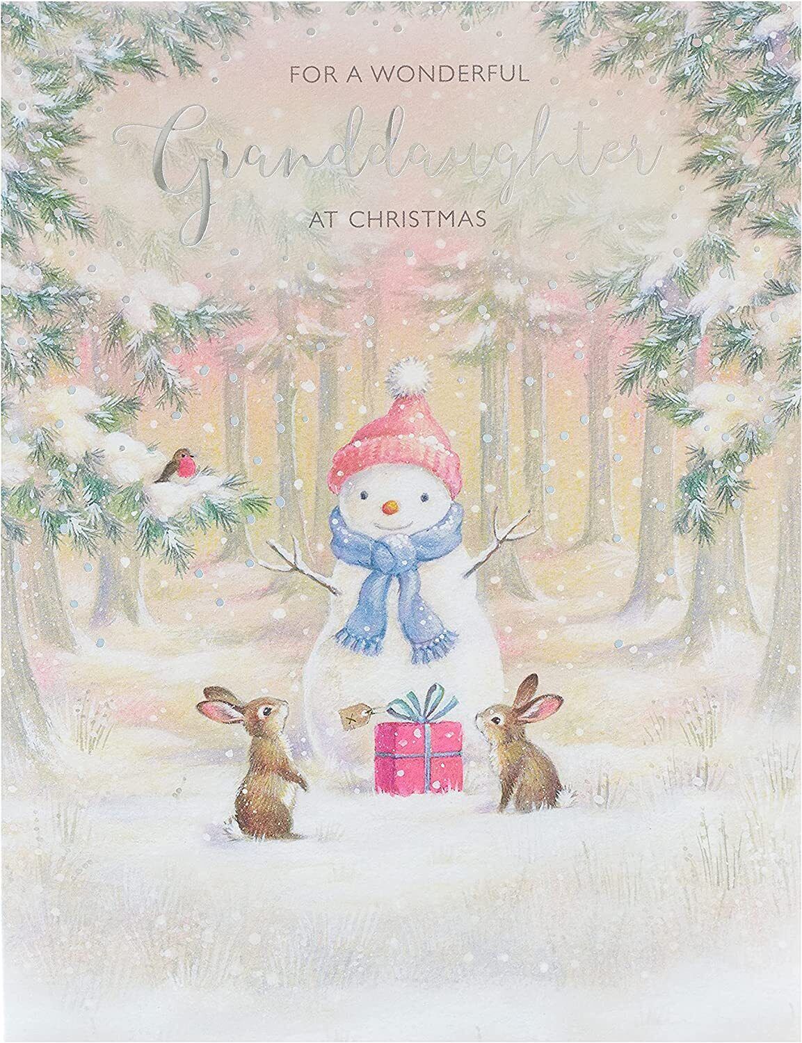 UK Greetings Christmas card featuring a snowman design for a wonderful granddaughter, perfect for holiday greeting cards.