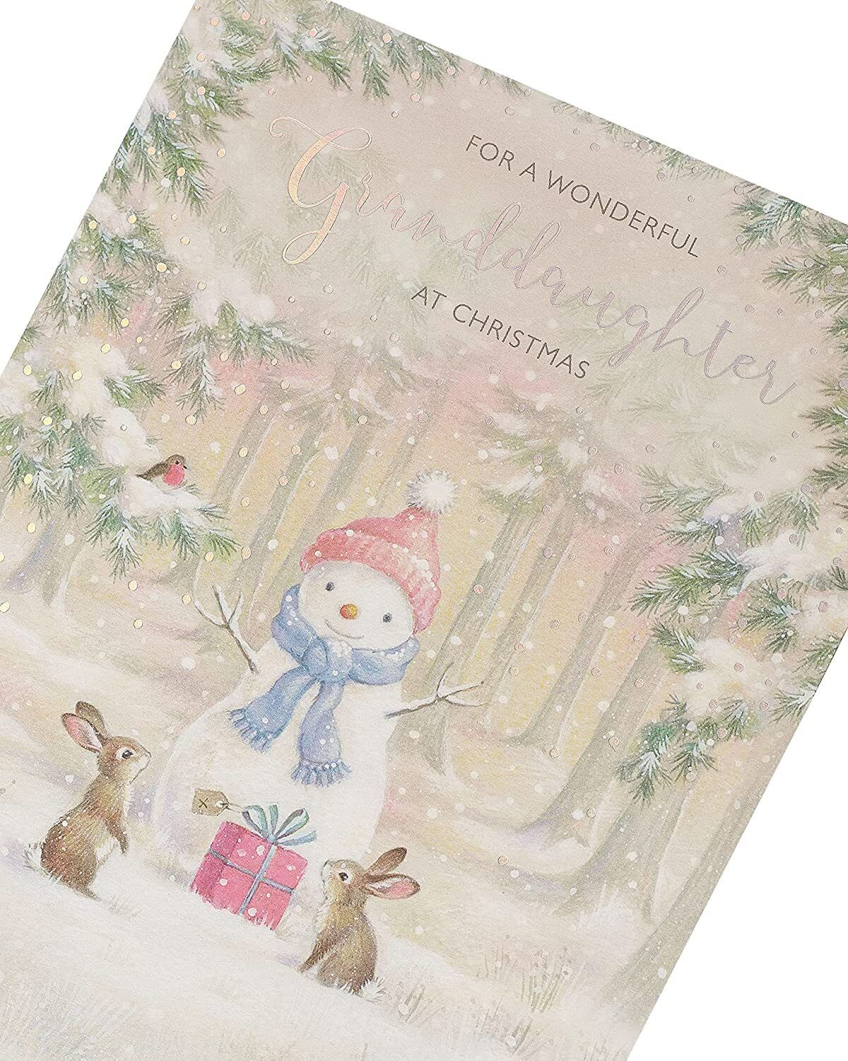 UK Greetings Christmas card featuring a snowman design and heartfelt message for a wonderful granddaughter.
