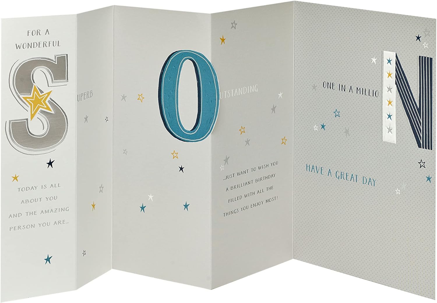 UK Greetings birthday greeting card for a wonderful son, featuring colorful designs and heartfelt message inside.
