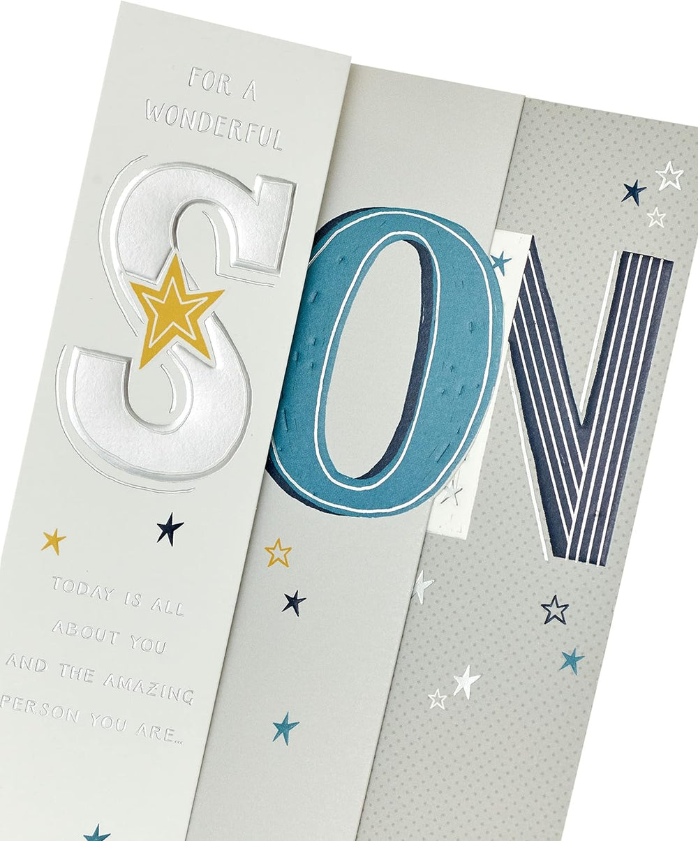 UK Greetings birthday card for a wonderful son, featuring colorful design and heartfelt message for celebrating a special occasion.