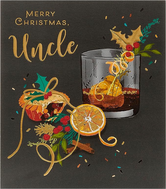 UK Greetings Christmas card for an uncle, featuring a classic and sophisticated foil finish with festive holiday design.