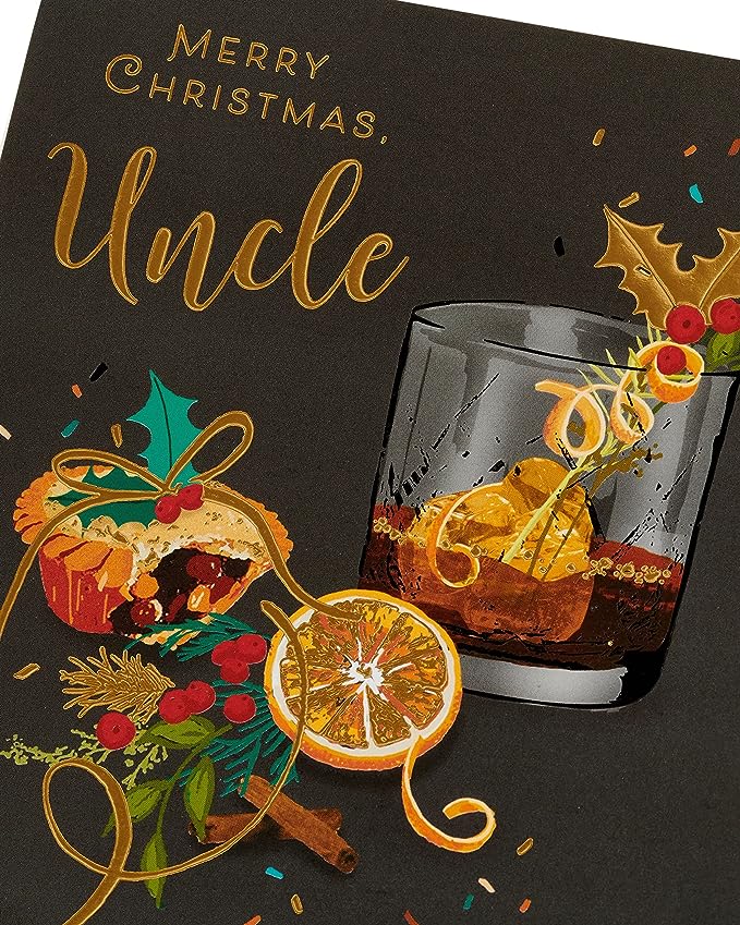UK Greetings Christmas card for an uncle, featuring a classic and sophisticated foil finish, ideal for holiday greetings.