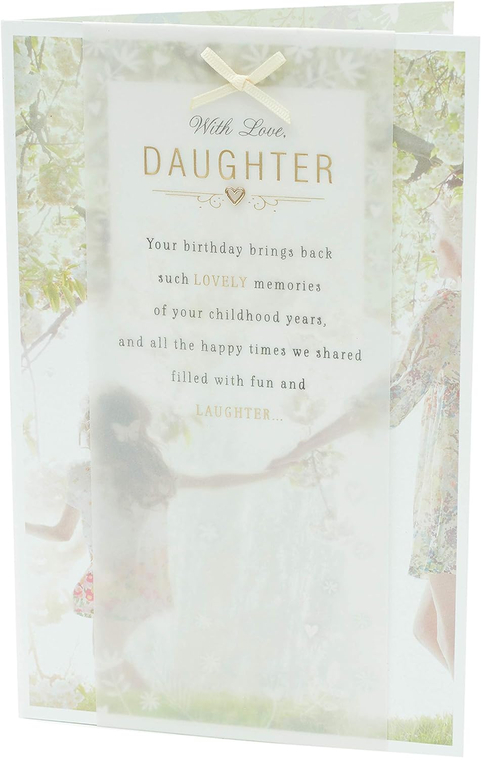 UK Greetings Daughter birthday card featuring nostalgic childhood memories with colorful illustrations and heartfelt message.