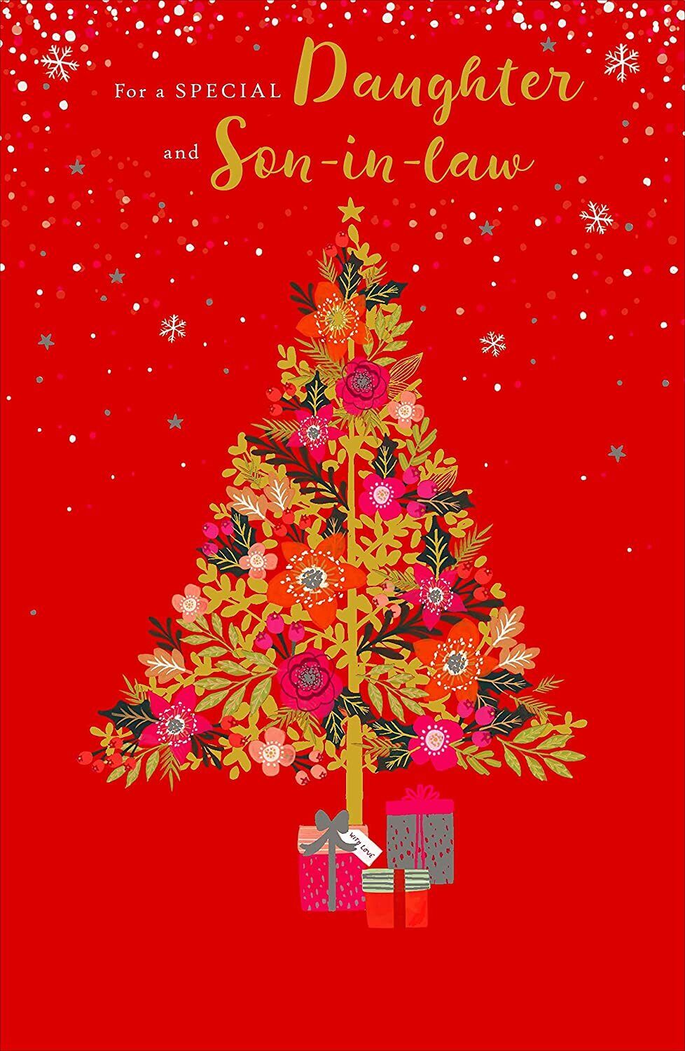 UK Greetings Christmas card for daughter and son-in-law featuring traditional foiled holiday design and festive lettering.