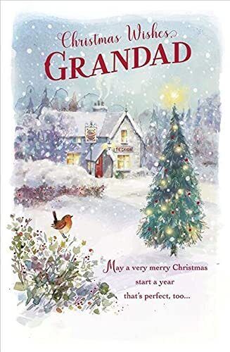 UK Greetings Christmas card featuring snowfall scenery and holiday wishes, designed for Grandad.