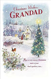 UK Greetings Christmas card featuring snowfall scenery and holiday wishes, designed for Grandad.