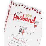 UK Greetings Valentine's Day card for husband with couple design, featuring romantic message and festive illustrations.