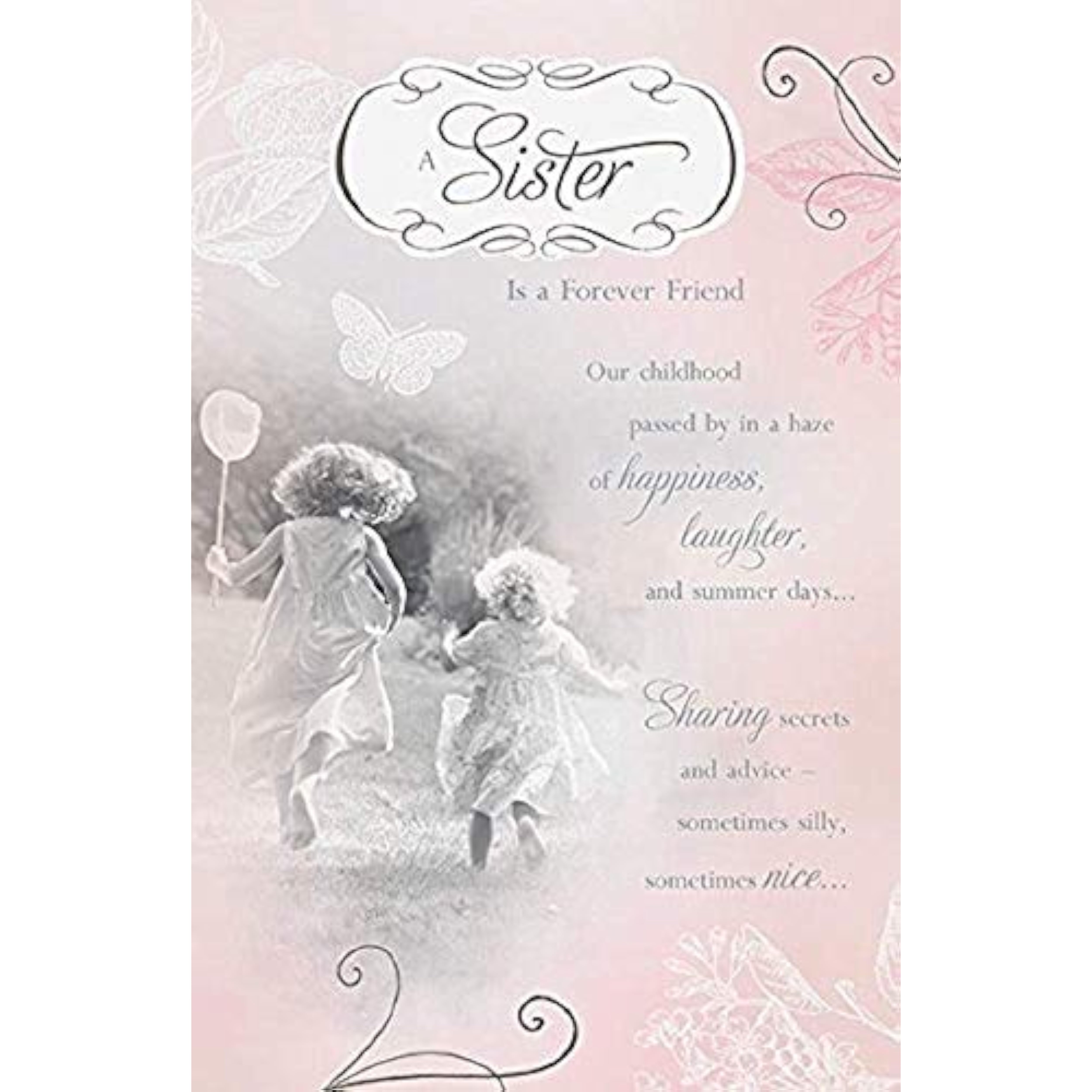 UK Greetings birthday card for sister with childhood memories verse, featuring colorful design and heartfelt message.
