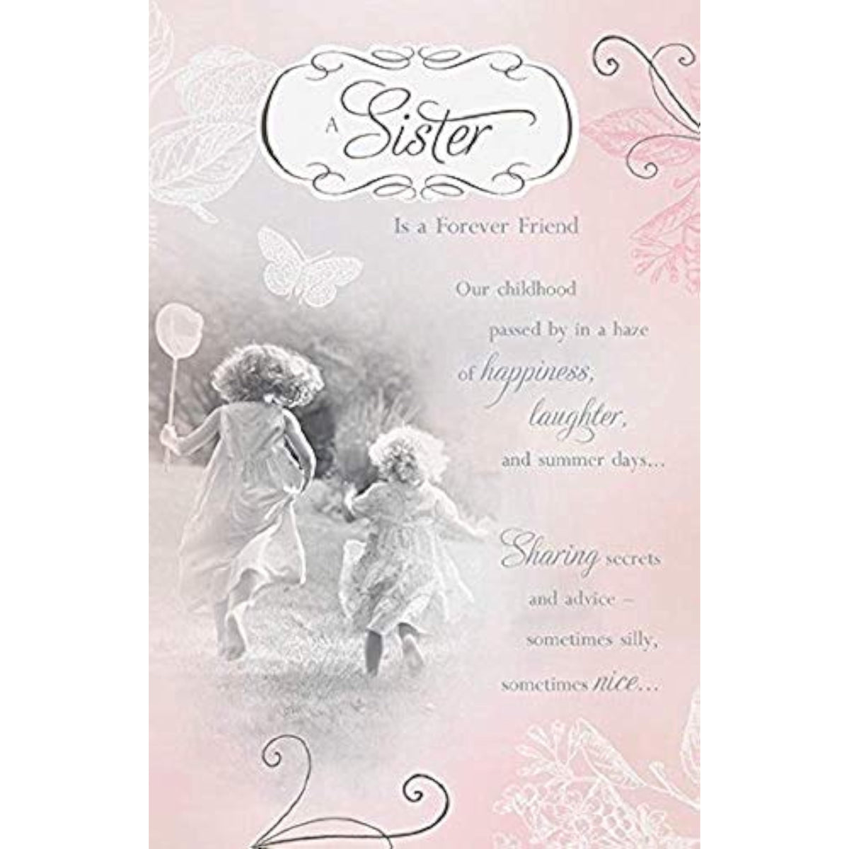 UK Greetings birthday card for sister with childhood memories verse, featuring colorful design and heartfelt message.
