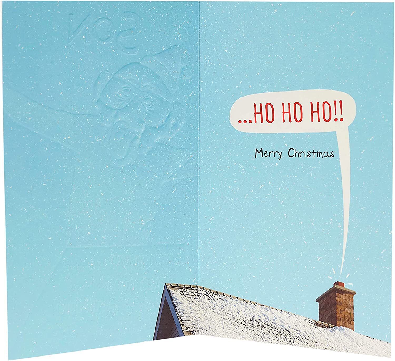 UK Greetings funny cheeky champ Christmas card for son, featuring humorous holiday design and festive cheerful imagery.