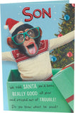 UK Greetings funny cheeky champ Christmas card for son, featuring playful design and festive holiday message.