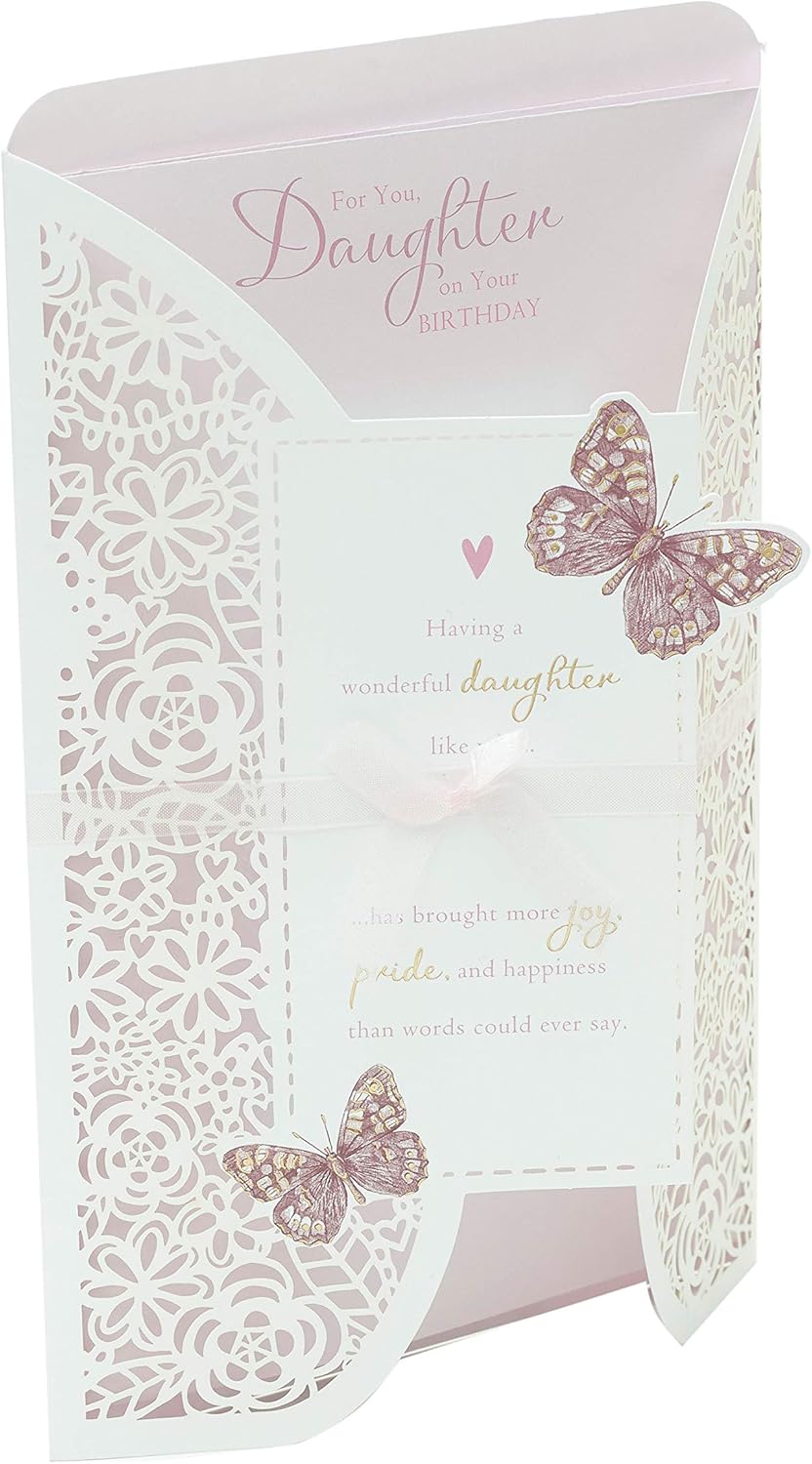 UK Greetings for You Daughter laser-cut birthday card featuring intricate design and heartfelt message, perfect for celebrating her special day.