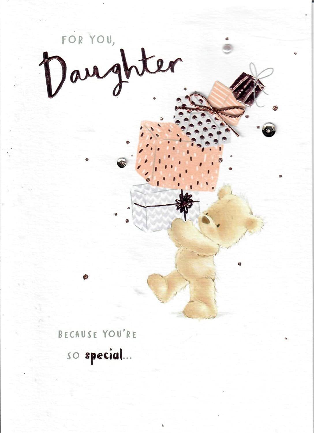Luxury UK Greetings birthday card for daughter with jeweled design and Nutmeg color, featuring elegant floral and message details.