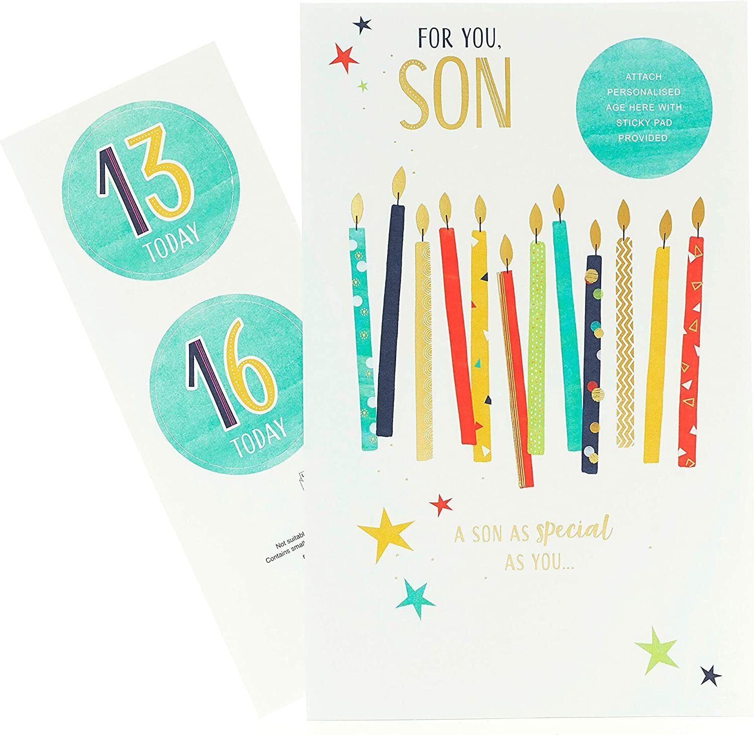 UK Greetings birthday card for son, featuring colorful design and heartfelt message for 13/16th birthday greetings.