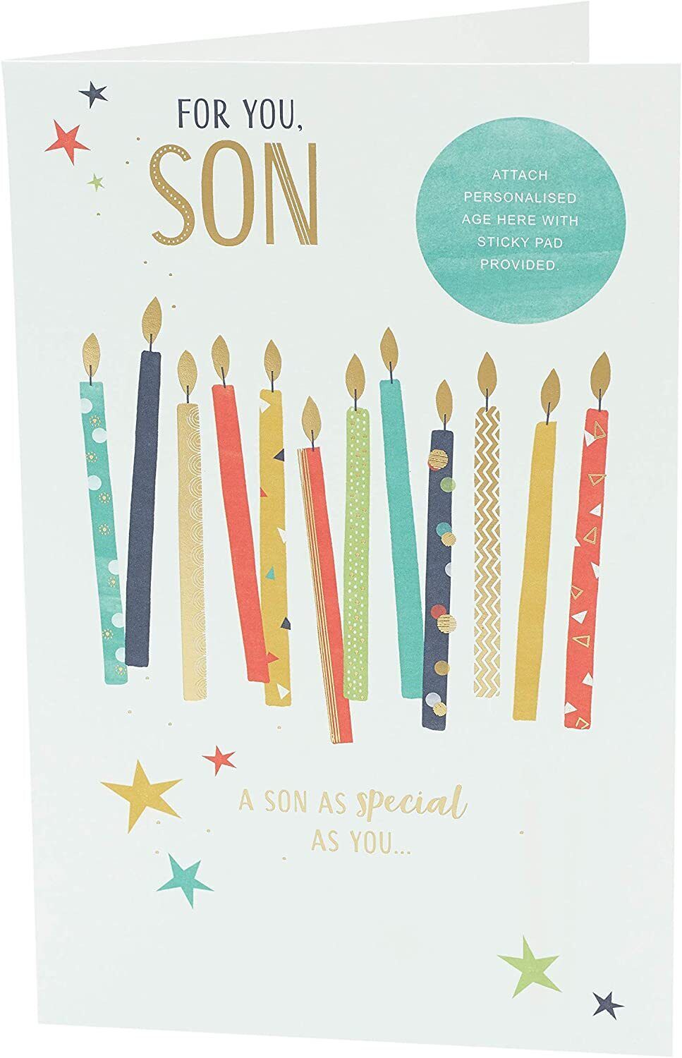 UK Greetings birthday card for son, featuring colorful design and heartfelt message for 13 or 16th birthday celebration.
