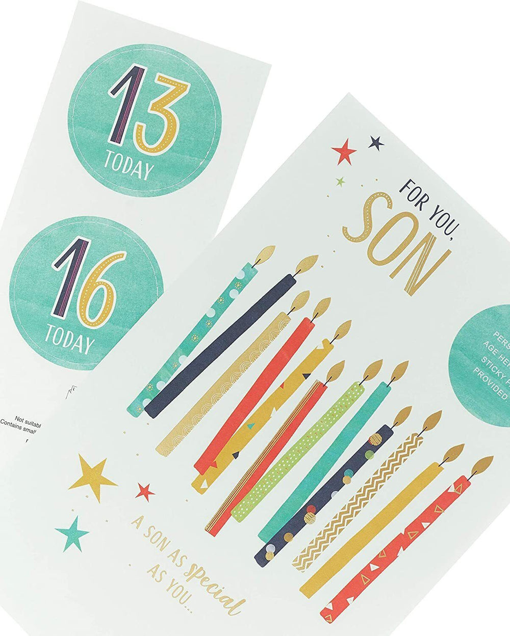 UK Greetings birthday card for son, featuring colorful design and heartfelt message for 13th or 16th birthday celebration.