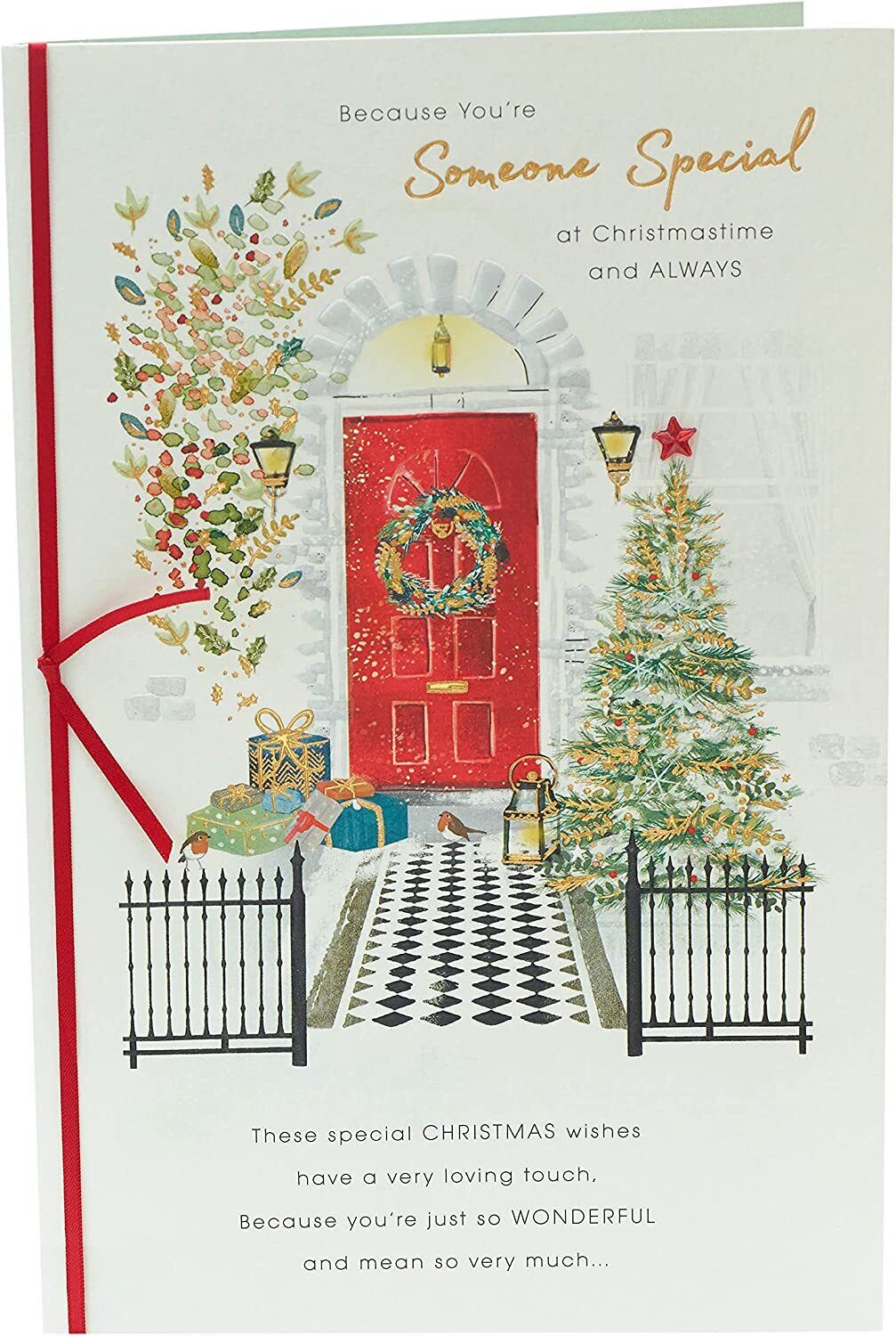 UK Greetings Christmas card featuring a front door scene with festive decorations and a "Someone Special" message.