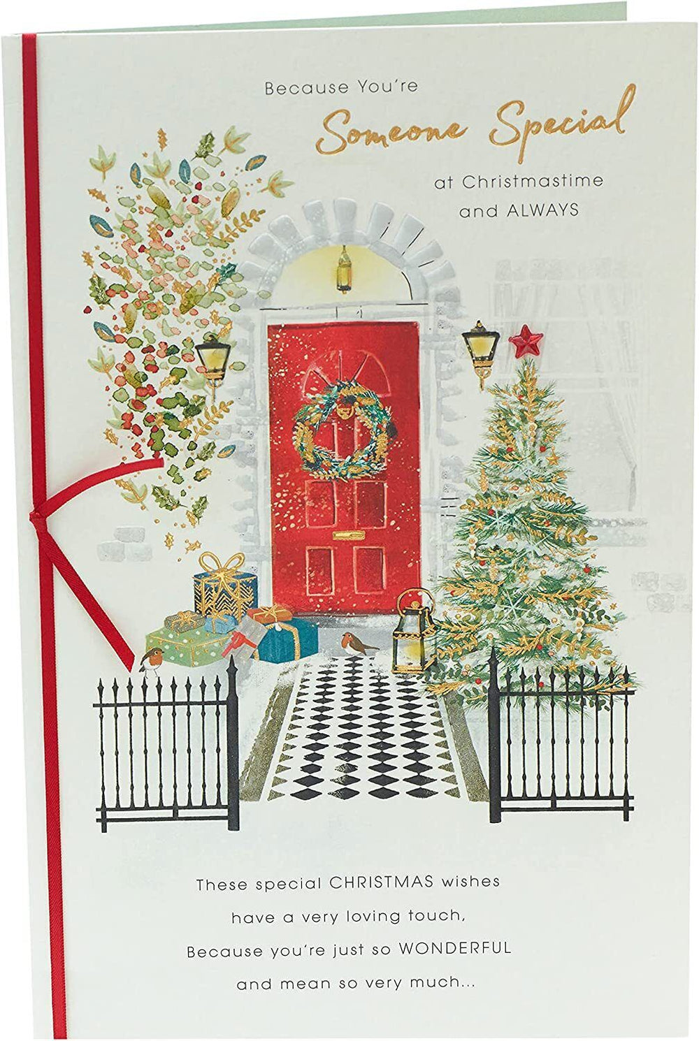 UK Greetings Christmas card featuring a front door scene with festive decorations and a "Someone Special" message.