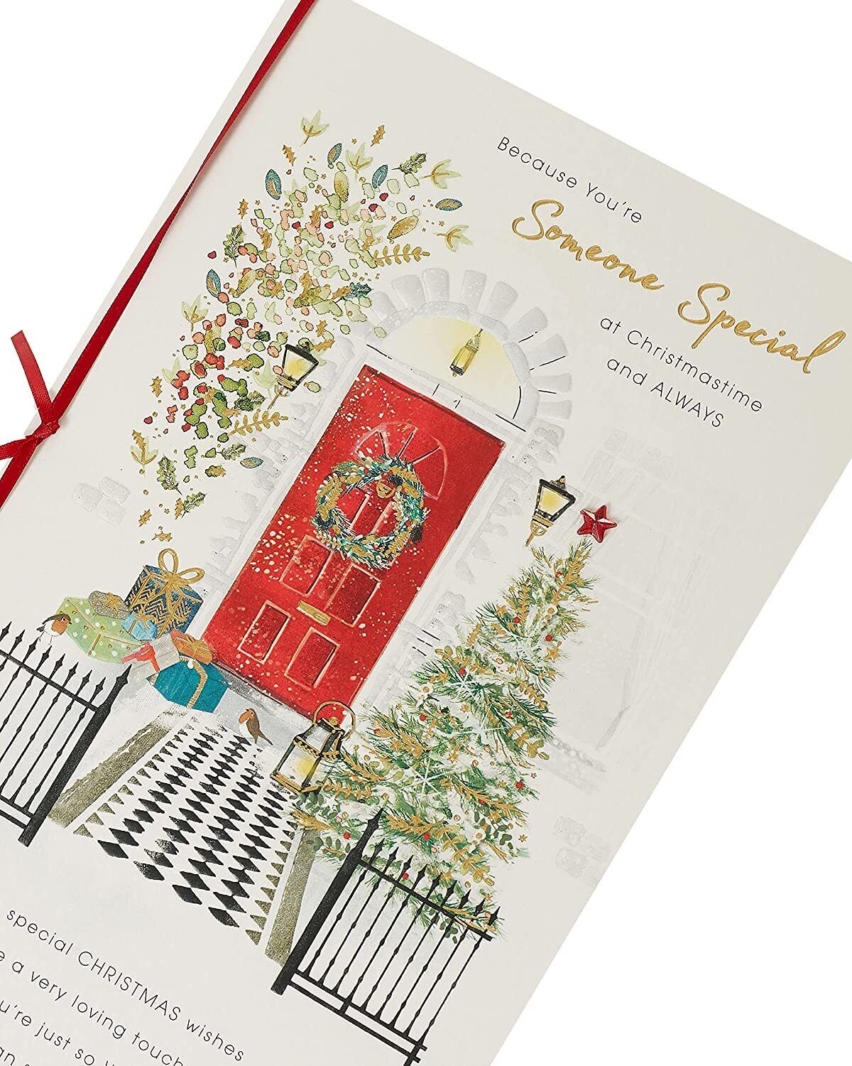 UK Greetings Christmas card featuring a front door scene with a warm, festive design for someone special.