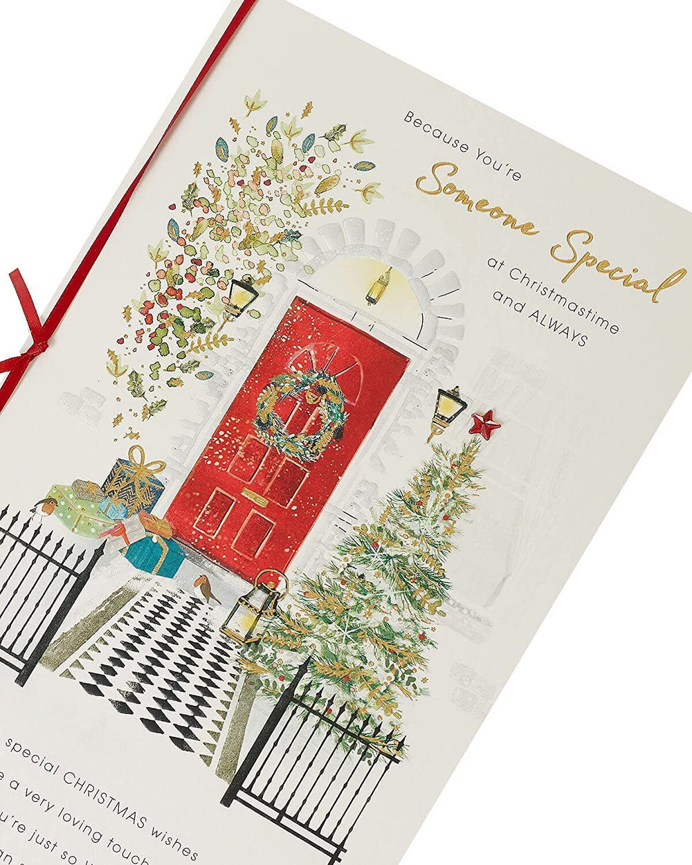 UK Greetings Christmas card featuring a front door scene with a warm, festive design for someone special.