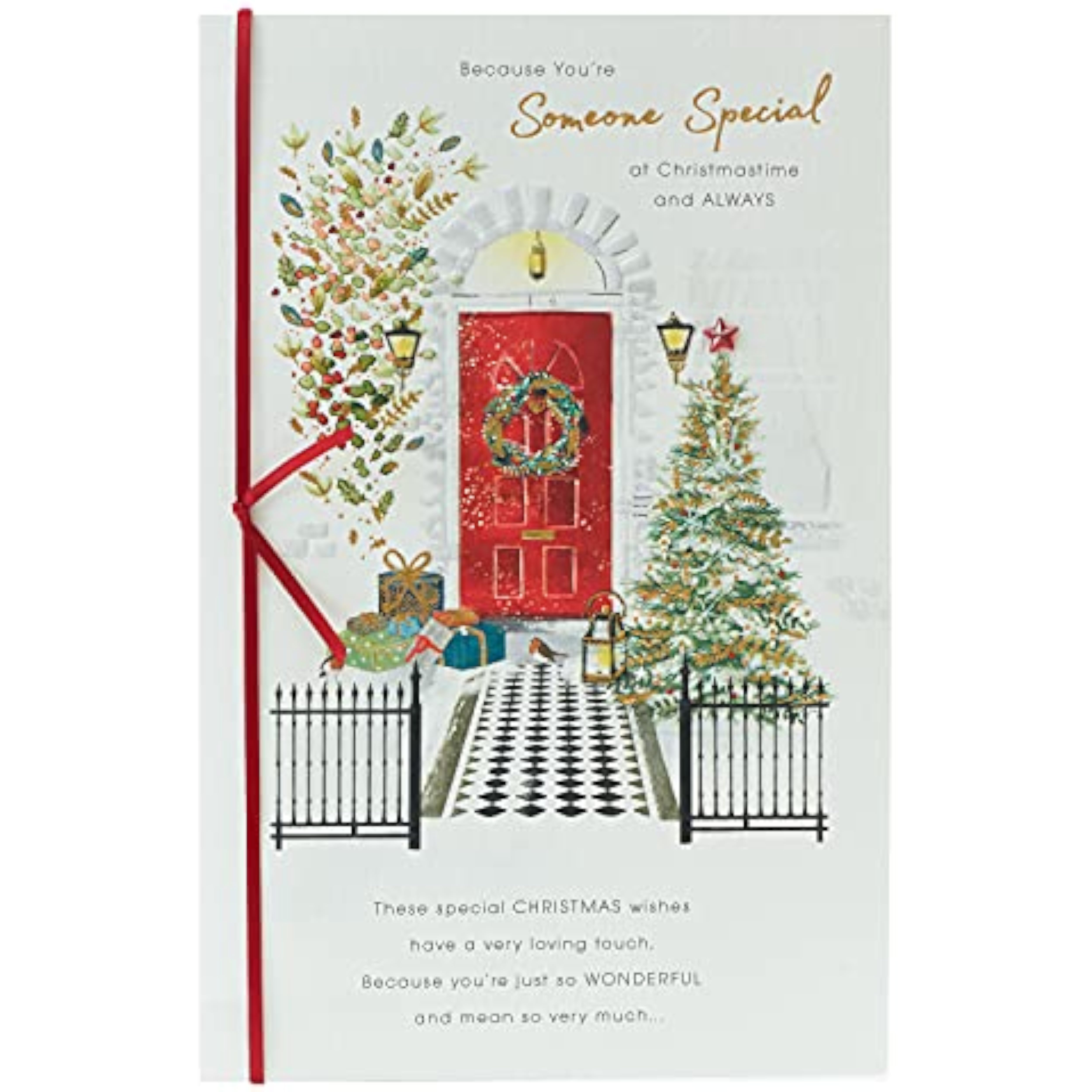 UK Greetings Christmas card featuring a front door scene with festive decorations and a warm holiday greeting.