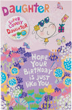 UK Greetings fun design daughter birthday card with badge, featuring colorful illustrations and cheerful message for special occasions.