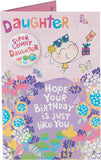 UK Greetings fun design daughter birthday card featuring colorful illustrations and a badge, perfect for celebrating special occasions.