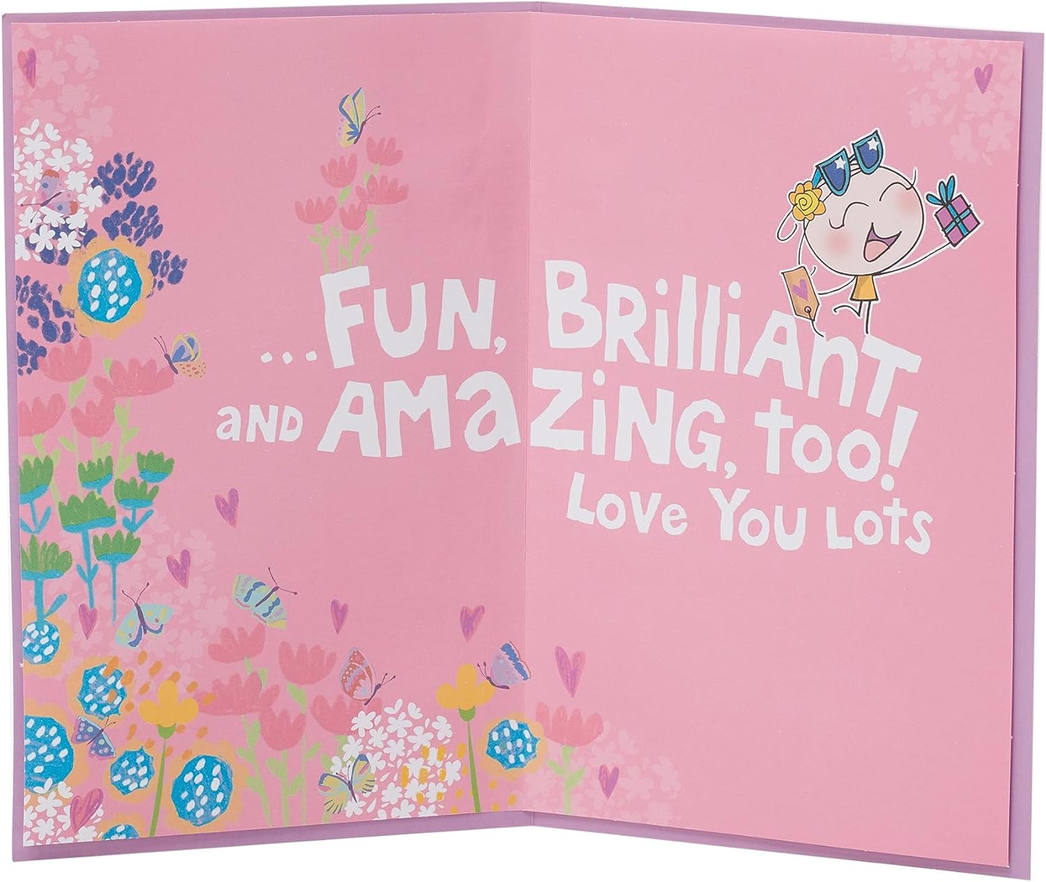 UK Greetings fun design daughter birthday card with badge, featuring colorful illustrations and festive details.