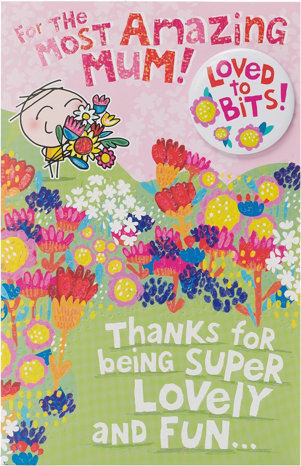 UK Greetings Fun Design Mum birthday greeting card with attached badge, featuring colorful, playful artwork for celebrating moms.