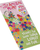 UK Greetings fun design mum birthday card with badge, featuring colorful illustrations and cheerful message on the front.