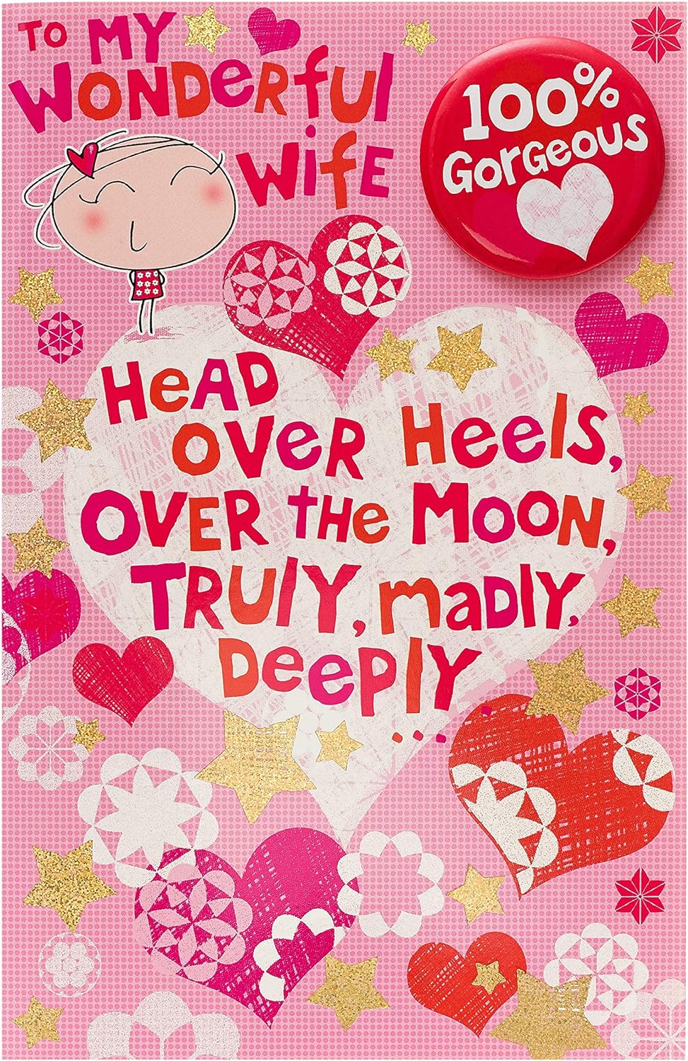 UK Greetings fun Valentine's Day greeting card for wife with a colorful design and a 100% gorgeous Valentine's Day badge.