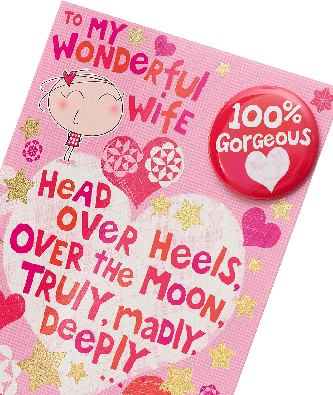 UK Greetings fun Valentine's Day card for wife with colorful design and a 100% gorgeous Valentine's Day badge included.