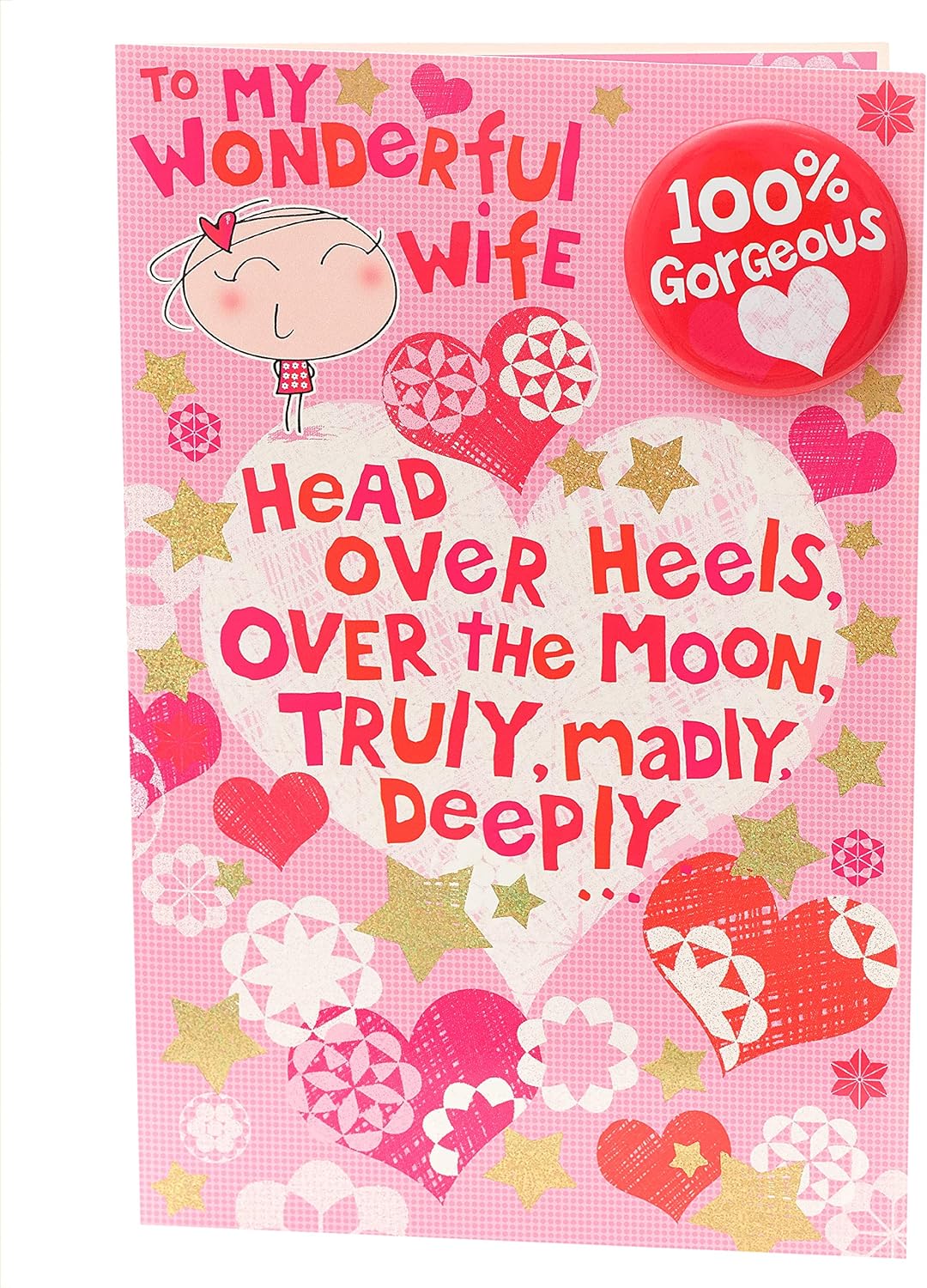 UK Greetings fun Valentine's Day greeting card for wife with a 100% gorgeous Valentine's Day badge, colorful and festive design.