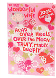 UK Greetings fun Valentine's Day greeting card for wife with a 100% gorgeous Valentine's Day badge, colorful and festive design.
