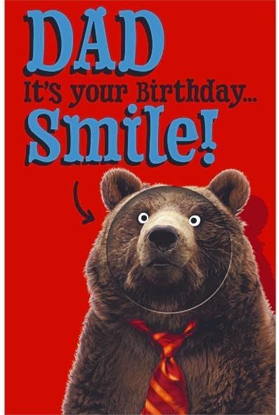 UK Greetings funny bear smile design dad birthday greeting card with cheerful bear illustration and playful text.