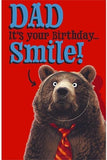 UK Greetings funny bear smile design dad birthday greeting card with cheerful bear illustration and playful text.