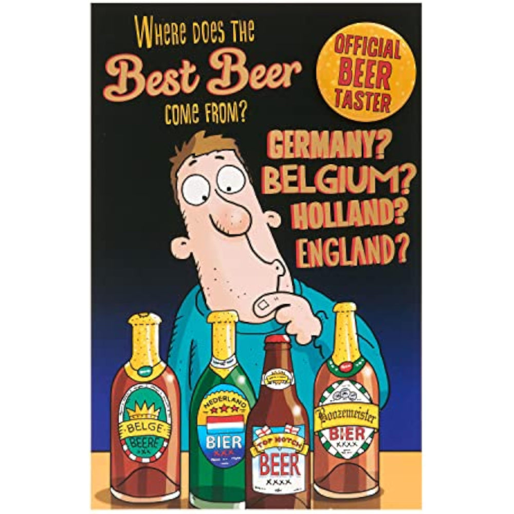 UK Greetings funny beer design birthday greeting card featuring humorous beer illustrations for celebrating birthdays.